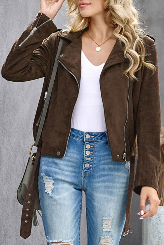 Brown Lapel Collar Zip-up Suede Coat LC8511754-17