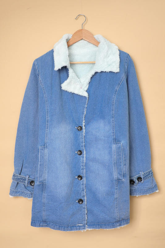 Sky Blue Lapel Collar Button Fleece Jacket LC8511336-4
