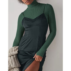 Green Ribbed High Collar Long Sleeve Bodysuit TQV220125-9