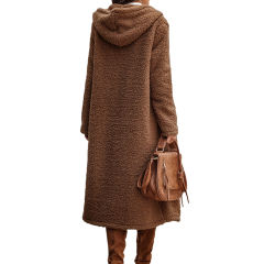 Coffee Open Front Long Sleeve Hooded Fleece Coat TQK280217-15