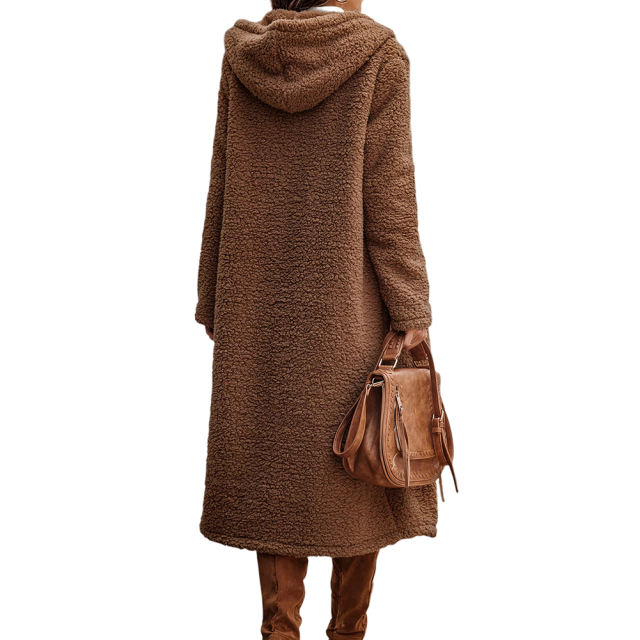 Coffee Open Front Long Sleeve Hooded Fleece Coat TQK280217-15