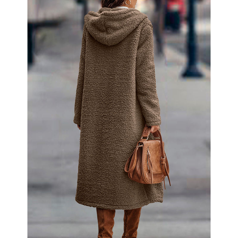 Khaki Open Front Long Sleeve Hooded Fleece Coat TQK280217-21