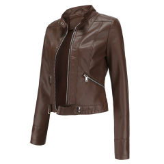 Coffee PU Stand Collar Short Leather Jacket TQK280124-15