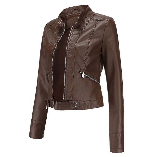 Coffee PU Stand Collar Short Leather Jacket TQK280124-15