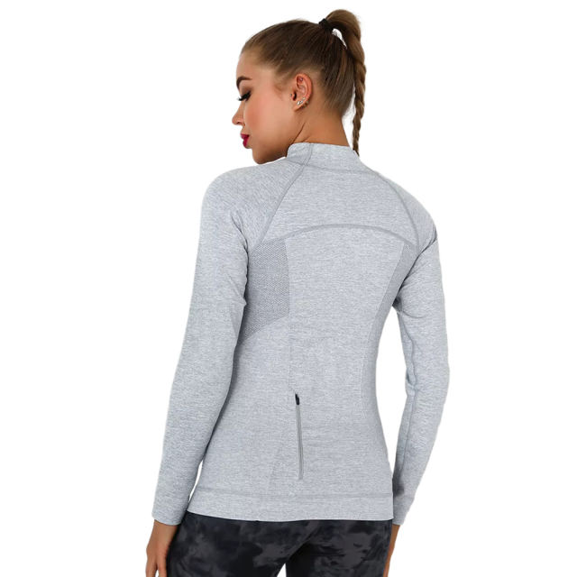 Light Gray Quick Dry Zipper Knit Tight Yoga Tops TQE91363-112