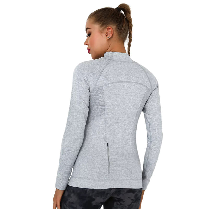 Light Gray Quick Dry Zipper Knit Tight Yoga Tops TQE91363-112