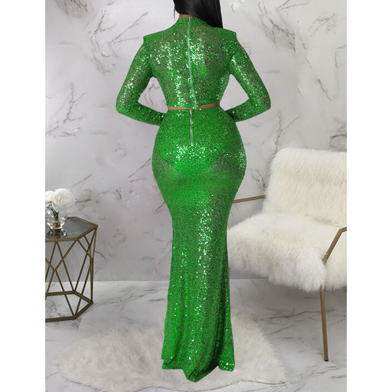 Green Sequined Crop Top with Fishtail Skirt Set TQV810034-9