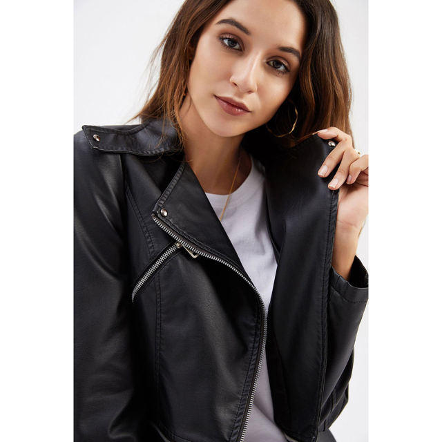 Black Removable Hem Leather PU Leather Jacket TQK280125-2