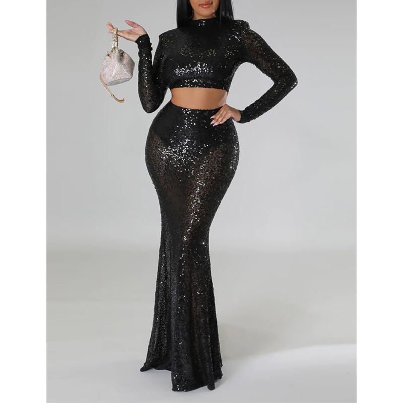 Black Sequined Crop Top with Fishtail Skirt Set TQV810034-2