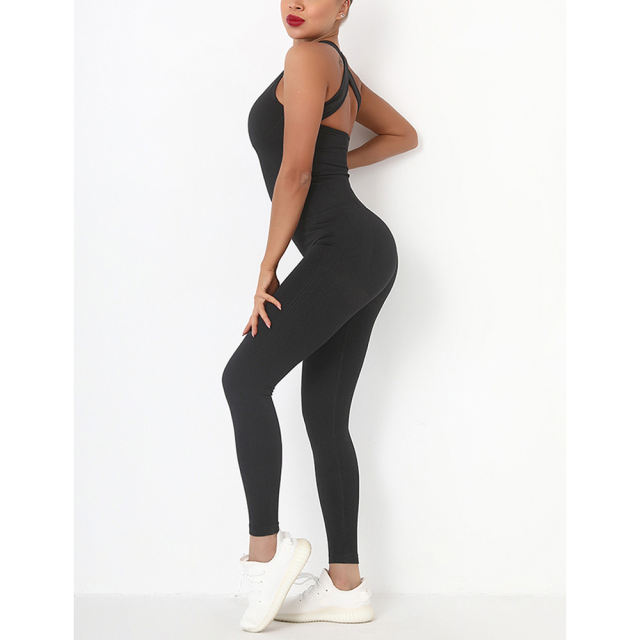 Black Back-Criss Seamless Yoga One Piece Jumpsuit TQE91567-2