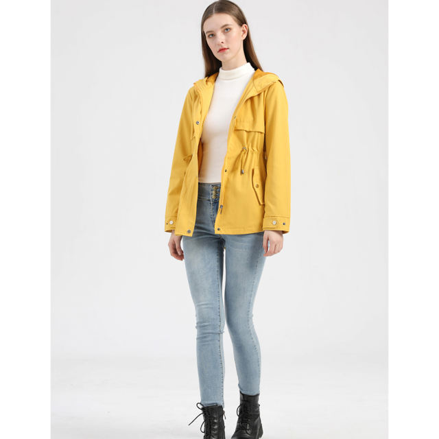 Yellow Waist Drawstring Hooded Outdoor Rainproof Coat TQK280126-7
