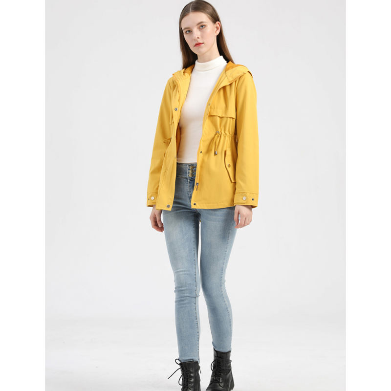 Yellow Waist Drawstring Hooded Outdoor Rainproof Coat TQK280126-7
