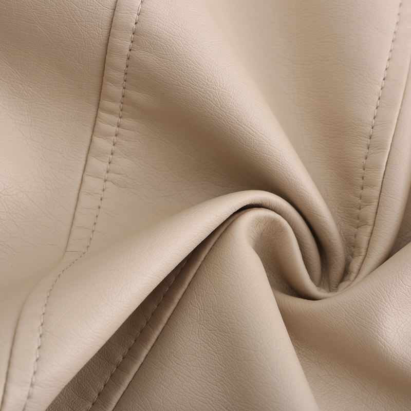 Beige Rivet Decoration Turndown Collar PU Leather Jacket TQK280137-46