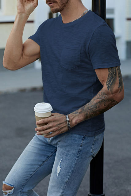 Blue Solid Color Short Sleeve Men\'s T-shirt MC252718-5