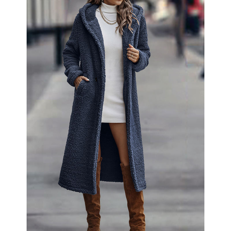 Navy Blue Open Front Long Sleeve Hooded Fleece Coat TQK280217-34