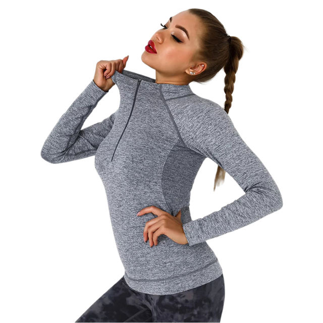 Dark Gray Quick Dry Zipper Knit Tight Yoga Tops TQE91363-23