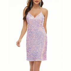 Pink Spaghetti Straps V Neck Sequin Dress TQK311107-10