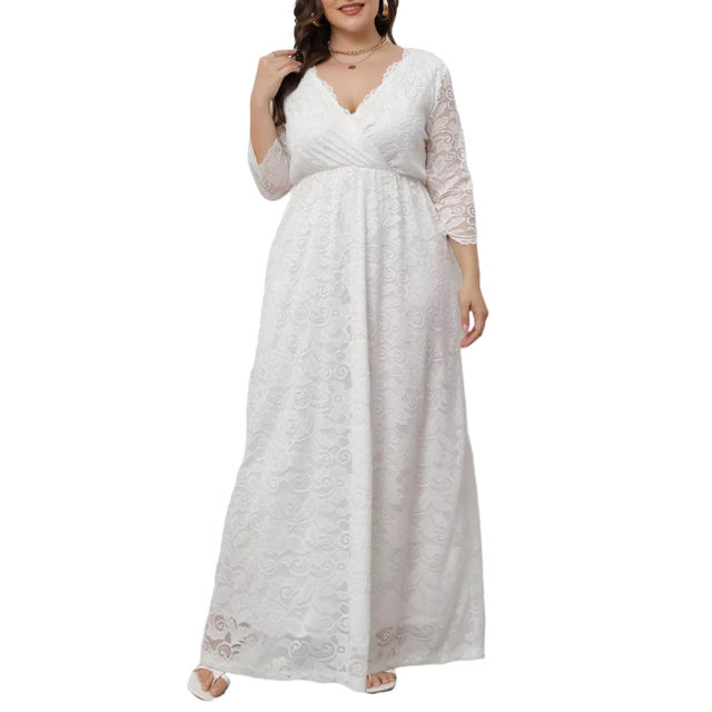 White V Neck Lace Plus Size Evening Dress TQV310004-1