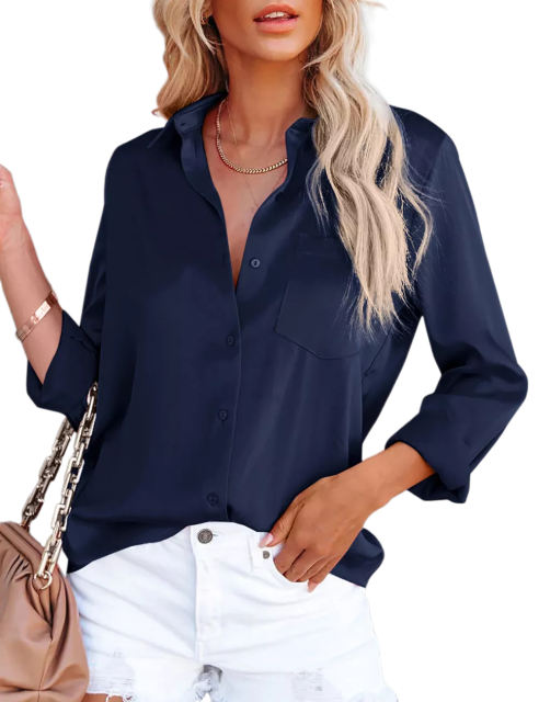 Navy Blue  V Neck Satin Pocketed  Long Sleeve Shirt TQK220095-34
