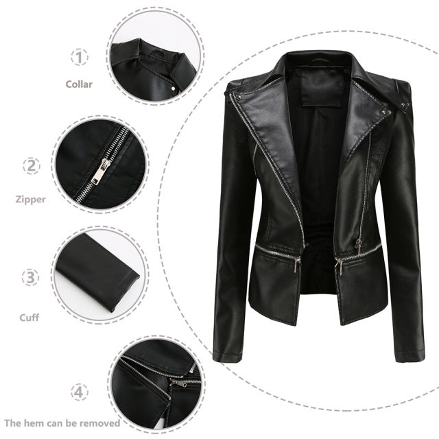 Black Removable Hem Leather PU Leather Jacket TQK280125-2