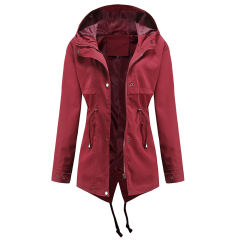 Wine Red Waist Drawstring Hooded Outdoor Rainproof Coat TQK280126-23