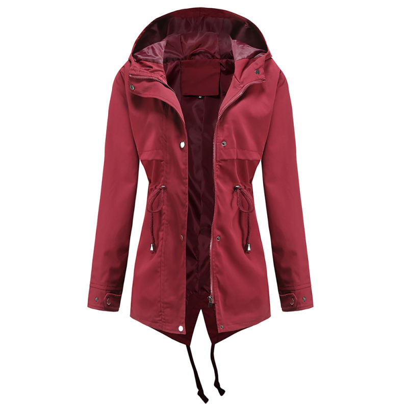 Wine Red Waist Drawstring Hooded Outdoor Rainproof Coat TQK280126-23