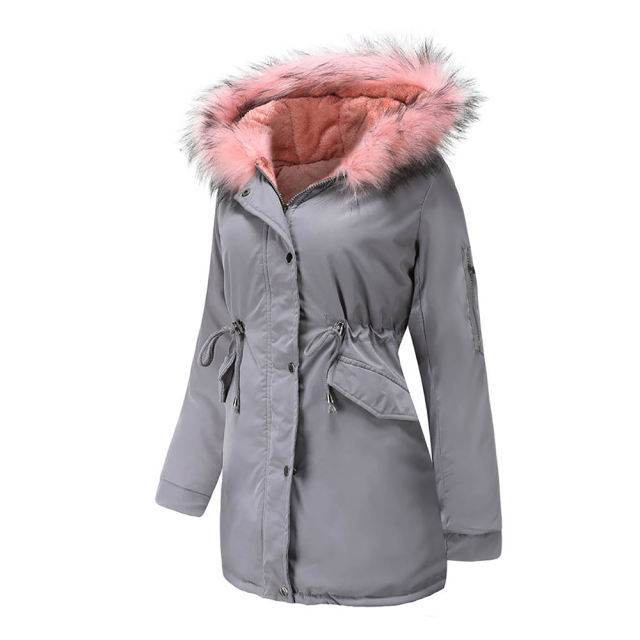 Gray Fur Collar Drawstring Waist Warm Hooded Parka Coat TQK280130-11