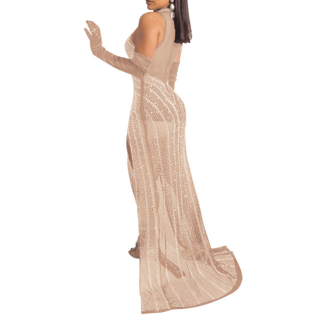 Apricot Rhinestones Mesh Stand Neck Party Dress  TQK311258-18