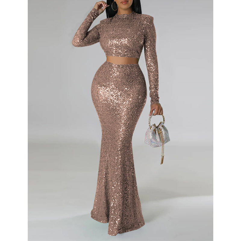 Champagne Sequined Crop Top with Fishtail Skirt Set TQV810034-53