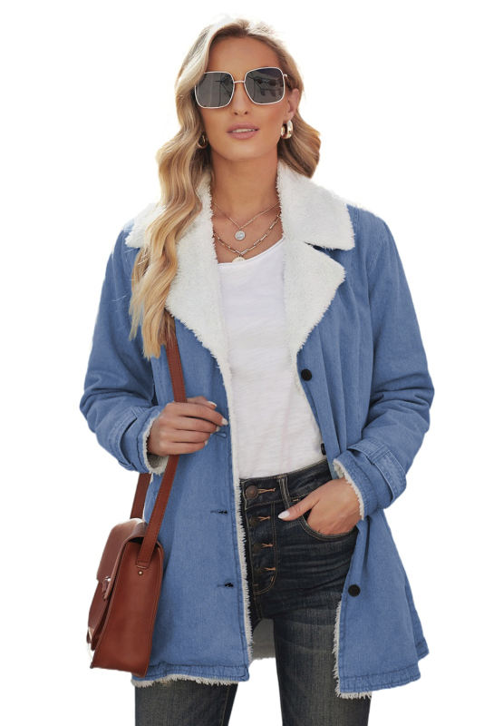 Sky Blue Lapel Collar Button Fleece Jacket LC8511336-4