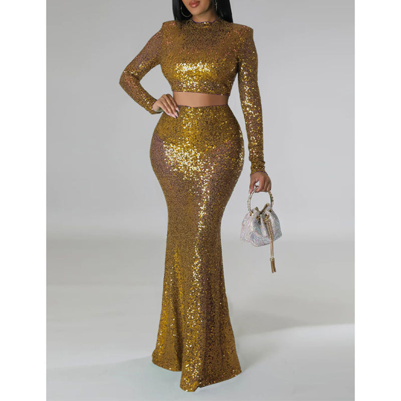 Gold Sequined Crop Top with Fishtail Skirt Set TQV810034-12