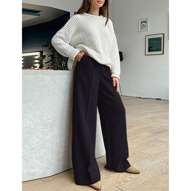 Black High Waisted Draped Wide Leg Pants TQV510042-2