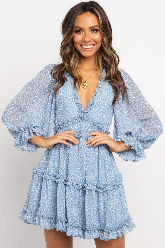 Sky Blue Ruffle Detailing Open Back Floral Dress LC220829-4