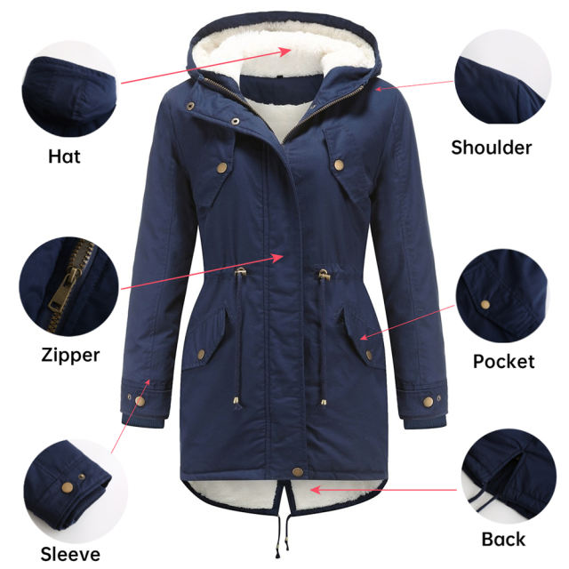 Navy Blue Waist Drawstring Plush Hooded Thick Parka Coat TQK280127-34