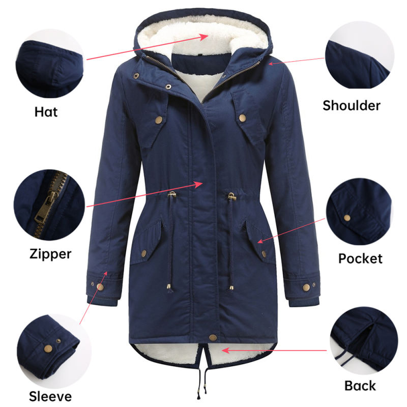 Navy Blue Waist Drawstring Plush Hooded Thick Parka Coat TQK280127-34