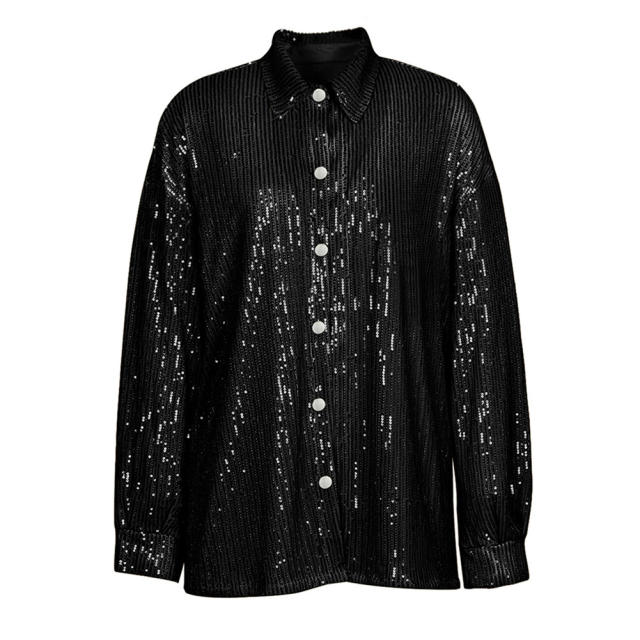 Black Sequined Shirt with Pant and Bra 3pcs Set TQF711062-2