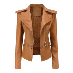 Camel Removable Hem Leather PU Leather Jacket TQK280125-58