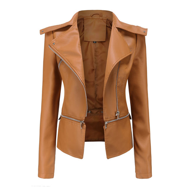 Camel Removable Hem Leather PU Leather Jacket TQK280125-58