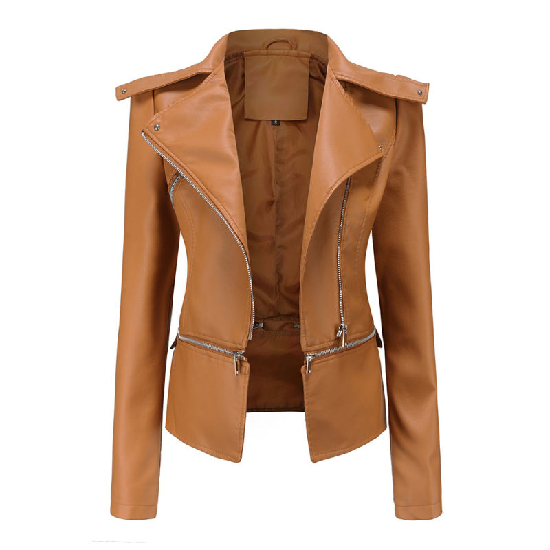 Camel Removable Hem Leather PU Leather Jacket TQK280125-58