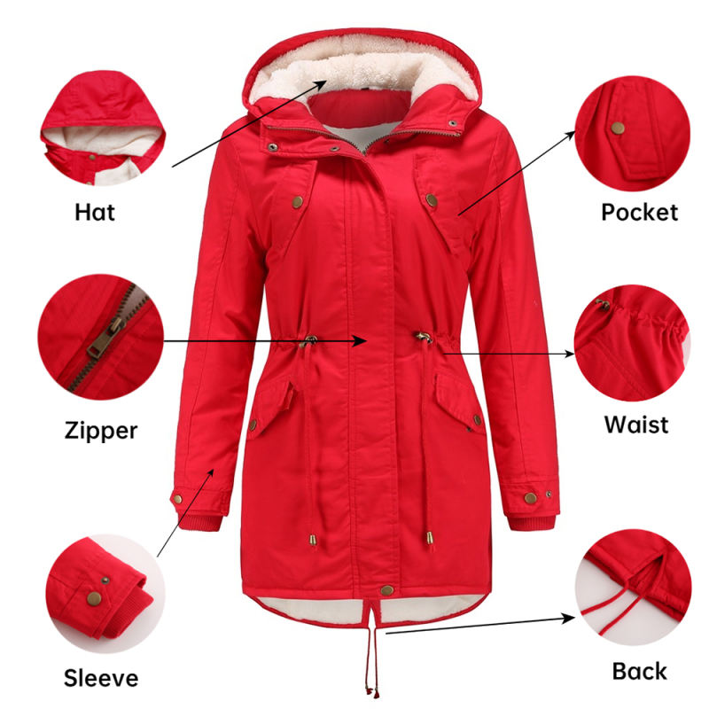 Red Waist Drawstring Plush Hooded Thick Parka Coat TQK280127-3