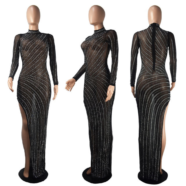 Black All-over Rhinestones Mock Neck High Split Maxi Dress TQK311318-2