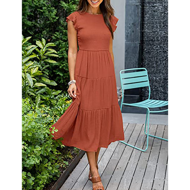 Orange Ruffled Sleeve Pleated Layered Casual Dress TQV310008-14