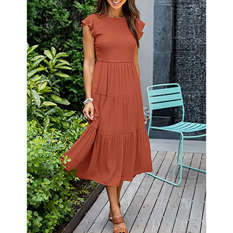 Orange Ruffled Sleeve Pleated Layered Casual Dress TQV310008-14