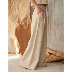 Apricot Cotton Linen Button High Waist Wide Leg Pants TQV510049-18