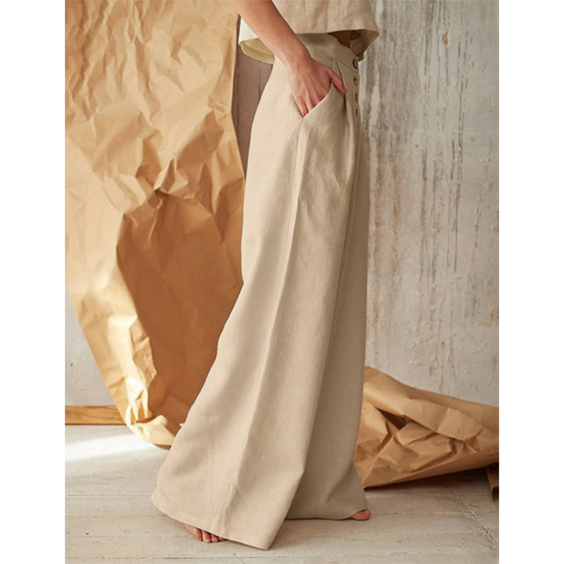 Apricot Cotton Linen Button High Waist Wide Leg Pants TQV510049-18