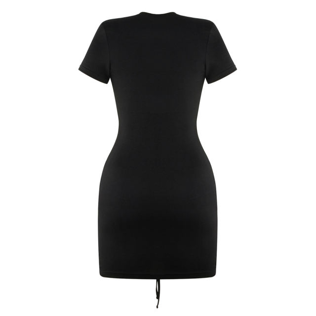 Black Short Sleeve Drawstring Bodycon T-Shirt Dress TQK311016-2