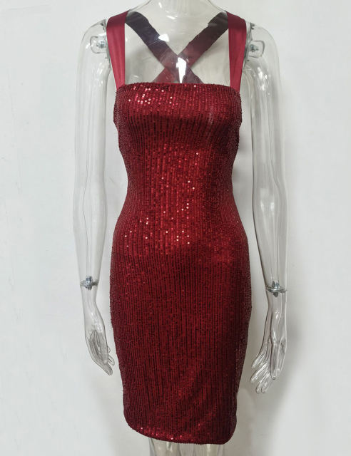 Burgundy  Halter Neck Slim Fit Sequined Dress TQK310963-23