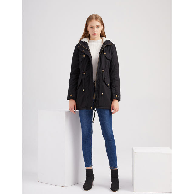 Black Waist Drawstring Plush Hooded Thick Parka Coat TQK280127-2