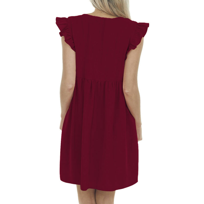 Burgundy V-Neck Ruffle sleeve Pocketed T-shirt Dress TQK311014-23