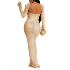 Apricot Padded Rhinestone Mesh Long Sleeve Maxi Dress TQK311267-18